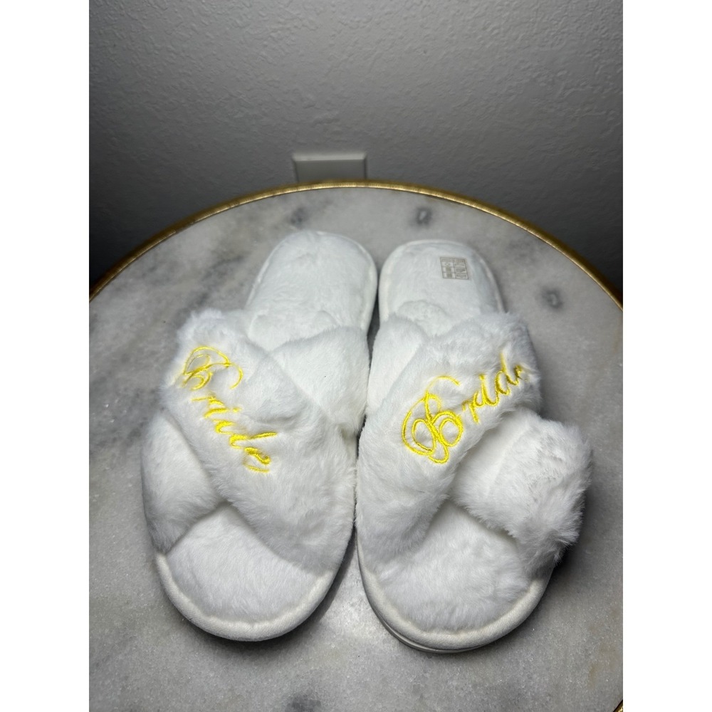White Bride Faux Fur Slippers Gold Embroidered Criss Cross Open Toe Slides
